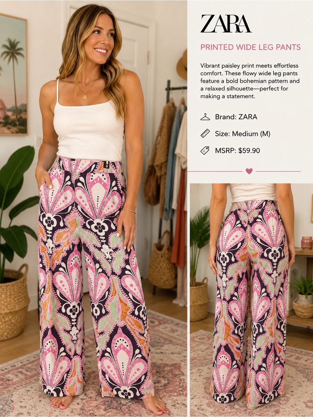 ZARA Pink & Black Paisley-Print Wide Leg Pants